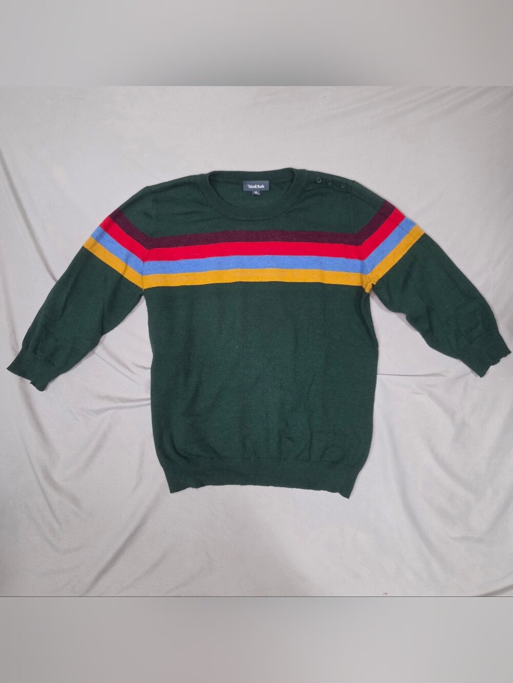 ModCloth Rainbow Striped Green Knit Sweater Shoulder Buttons XL Retro Boho